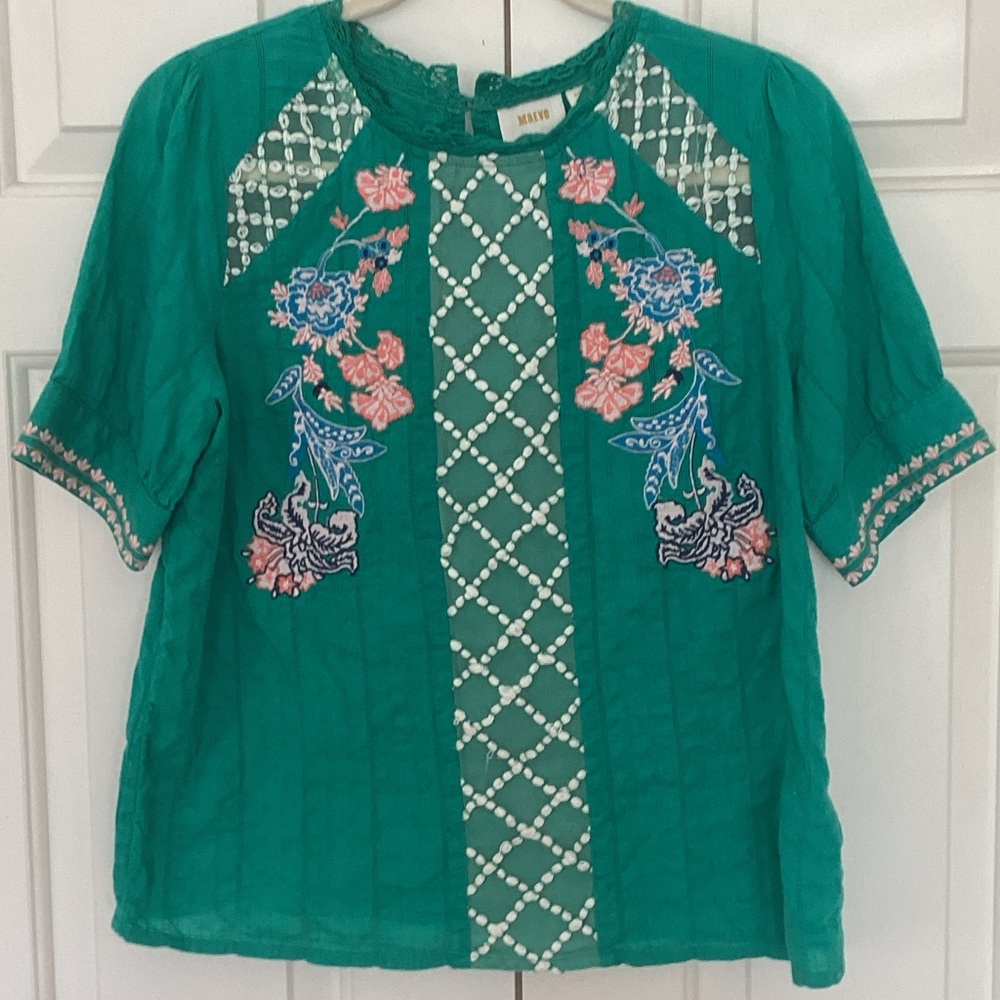 Maeve Green Blouse with Floral Embroidery